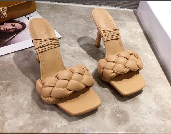 

2020 summer new cross strap square toe breathable stiletto sandals solid color woven leather upper scuffs high heels, Black