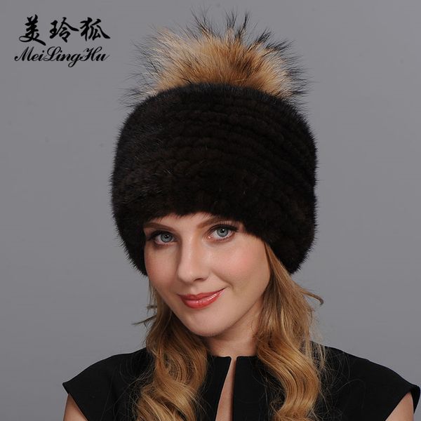 

girl real hat cap raccoon fur pompoms hat strap knitted women winter warm caps natural genuine hats female, Blue;gray