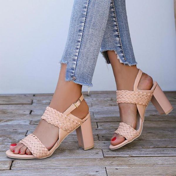 

luxury 2020 summer women chunky high heeled ladies shoes buckle leather weave concise outside sandals zapatos de mujer 34-44, Black