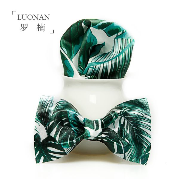 

bowtie for men wedding tie green tropical rainforest prints outdoor wedding fashion business men's and handkerchief set, Black;blue