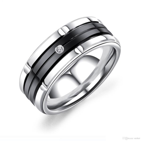 

fashion glamour blue black simple crystal ring men's street hip hop titanium steel ring jewelry gift 3-gj666, Silver