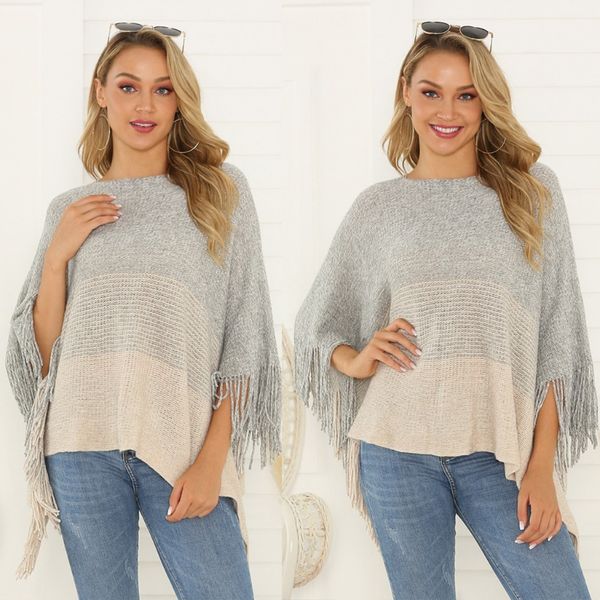 

women tassel sweater shawl crochet knitted capes autumn winter pullover tunic poncho coat, White;black