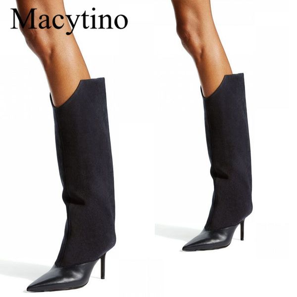 

leather patchwork high heel dress boots stiletto pointed toe winter real leather shoes women knee long boots, Black