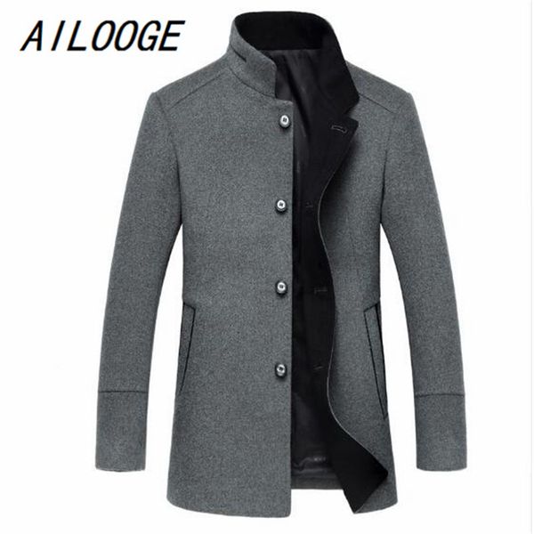 

ailooge men's fashion wool jackets trench coat men single breasted mandarin collar windbreaker woolen overcoat, Black