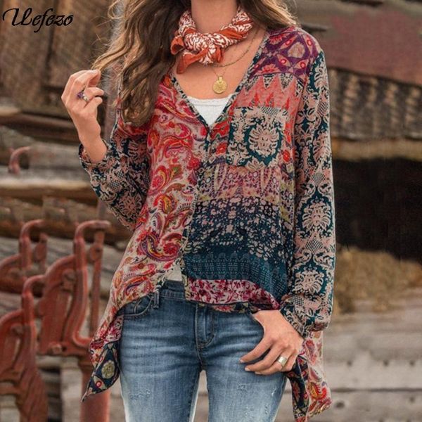 

uefezo плюс размер 5xl блузы женщины бифштексы рубашки sexy v-образным вырезом с длинным рукавом печать блуза sexy сыпучие рубашки топы нешт, White