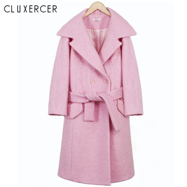 

office lady womens long winter coats 2020 new wool blend double breasted coat and jacket female pink outerwear coats with belt, Black