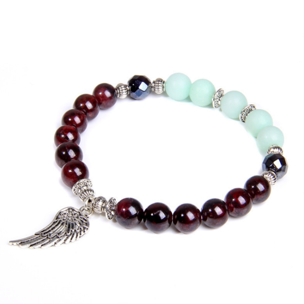 

charm bracelets fyjs unique silver plated angel wing connect round beads garnet stone stretchy bracelet many colors quartz jewelry, Golden;silver