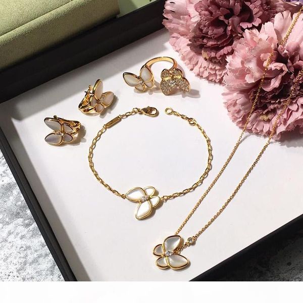 

brand 925 silver four leaf flower jewelry set for women wedding necklace bracelet earrings ring butterfly clover mother shell cz jewelry, Black