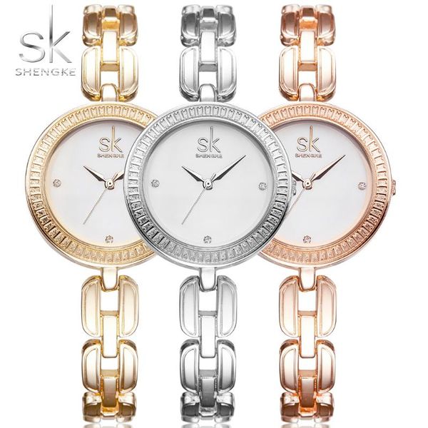 

luxury brand shengke watches women gold stainless steel rhinestone bracelet watch for lady fashion casual quartz wrist watch, Slivery;brown