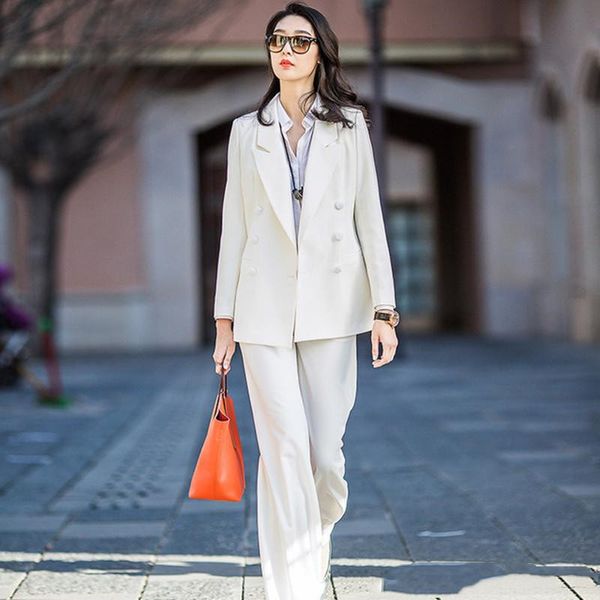 

new women's suit two-piece suit (jacket + pants) women's fashion double-breasted temperament business formal support custom, White