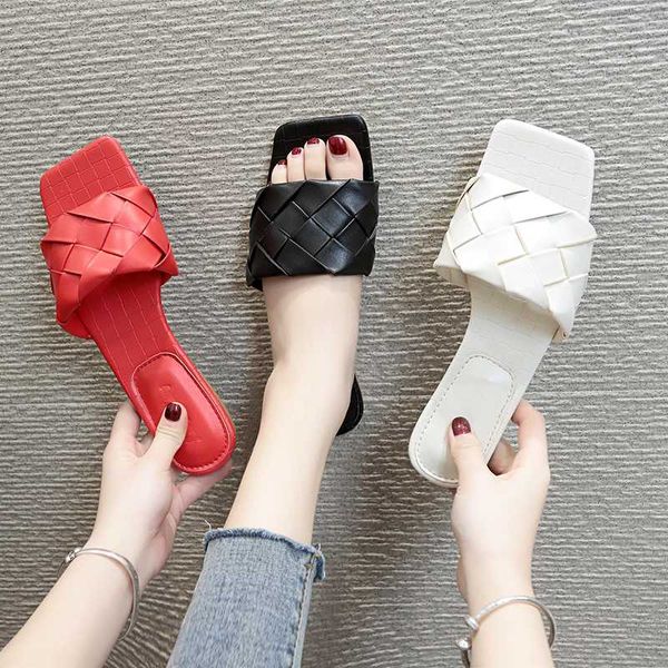 

women slide flat sandals 2020 fashion korean style weaving summer outdoor shoes beach flip flops ladies plaid slippers for women, Black