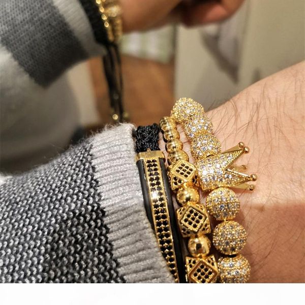 

3pcs set hip hop gold crown bracelets 8mm cubic micro pave cz ball charm braided braiding man luxury jewelry pulseira bileklik c19041201, Black