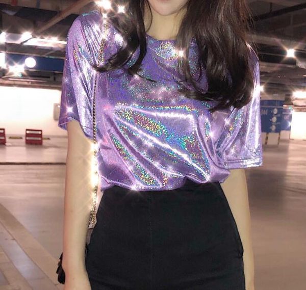 

summer woman shiny loose short sleeve t-shirt club aesthetic harajuku women stylish bright silk tshirt, White