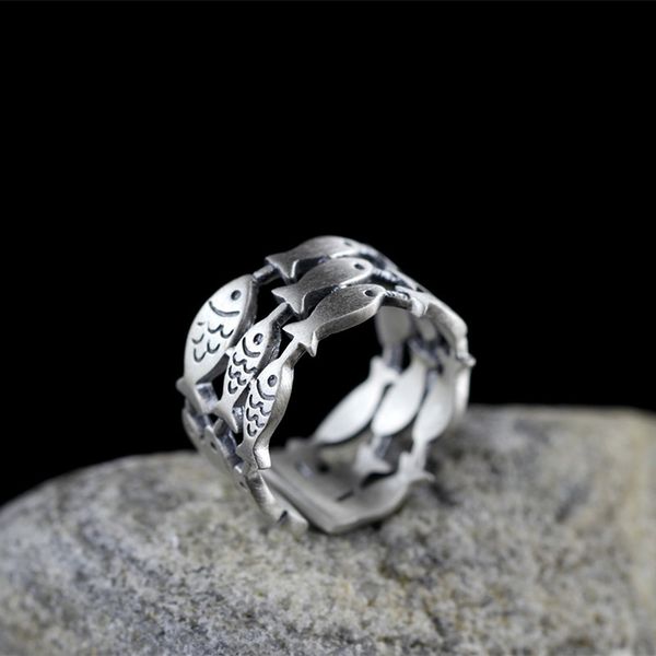 

fashion antique silver plated open adjustable fishes rings three rows hollow swimming fish rings for women personality jewelry, Golden;silver