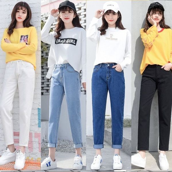 

2020 new autumn winter women jeans casual loose korean style high waist pants ladies ankle vintage denim light trousers m45, Blue