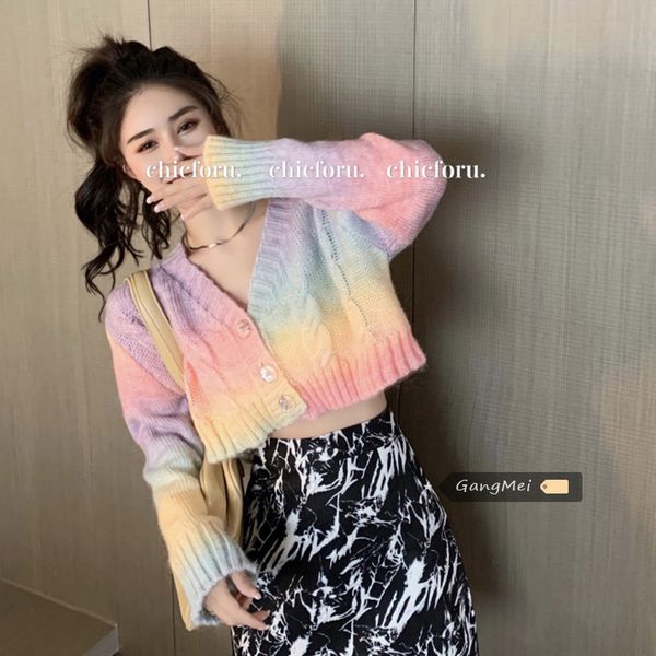 

rainbow colorful sweater women cardigan crop knitted pull femme jersey mujer kawaii, White