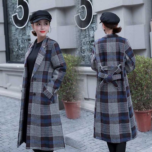 

female spring autumn and winter new retro plaid jacket women's long loose tie coat coat fashion stylish, Black