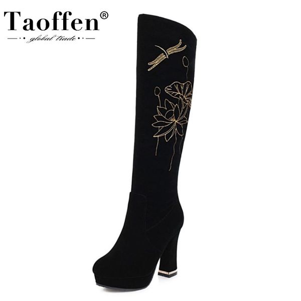 

taoffen new fashion women knee high boots round toe thick heel zipper platform pattern flock shoes ladies footwear size 33-43, Black
