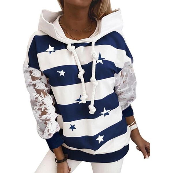 

women casual lace patchwork long sleeve star stripe loose hoodie sweatshirt, Black