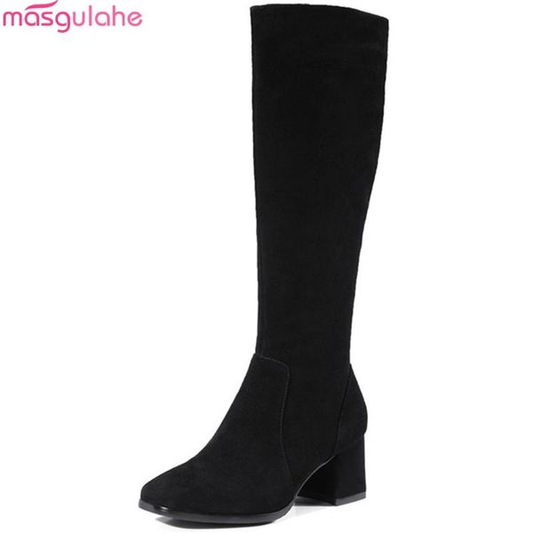 

masgulahe fashion black wine red new women boots square toe zipper cow suede ladies boots square heel leather knee high