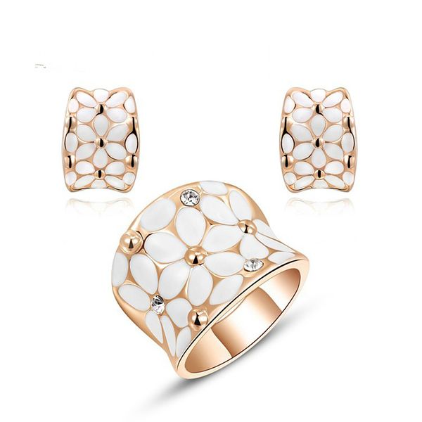 

AprilGrass Brand Hot Romantic Fine Bride Sets White Flower Ring Stud Ear Earrings Jewelry Set for Women Wedding Parure Bijoux Femme