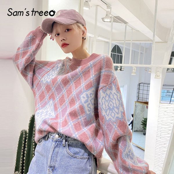

sam's tree pink argyle colorblock knit pullover casual women sweaters 2020 winter blue lantern sleeve korean soft female, White;black