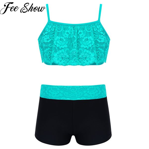 

kids girls tankini dance outfit spaghetti straps floral lace crop with bottoms children's set for ballet gymnastics workout, White
