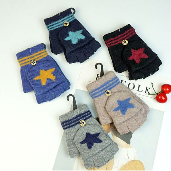 

2020 new pure color style with big star pattern kids warm fingerless gloves changeable mittens for 3-8 years old student in winter, Blue;gray