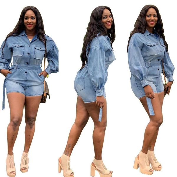 

real phtos light blue women denim shorts jumpsuits fashion long sleeves turn down neck buttons sash girls jeans playsuits
