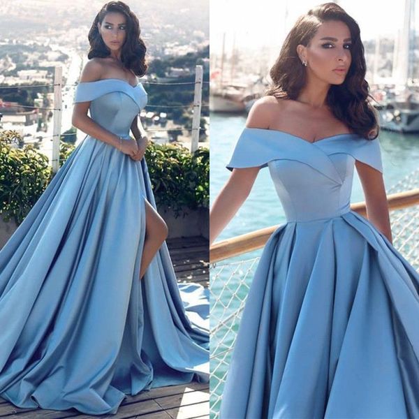 

Modern Arabic Light Blue Formal Prom Dresses 2020 African Elegant Off The Shoulders Front Split Popular Evening Prom Gowns BA6777