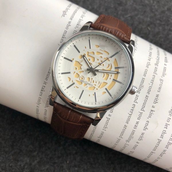 

2021 luxury mens watches three needle series quartz watch designer arma brand leather strap fashion accessories, Slivery;brown