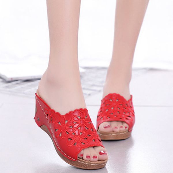 

woman flower slippers out wedges female sewing open women's hollow women platform footwear plus size toe shoes 2020 summer, Black