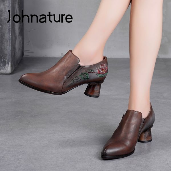 

johnature pumps women shoes 2020 new autumn high heels genuine leather pointed toe retro zip casual embroider ladies shoes, Black