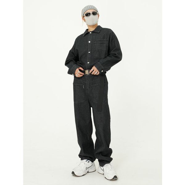 

men's jeans men belt long sleeve casual denim jumpsuit cargo pant male streetwear hip hop overalls jumpsuits trousers, Blue