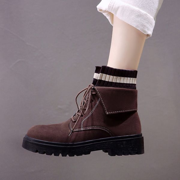 

faux suede ankle boots women splicing knitting winter woman shoes short plush keep warm non slip motorcycle boots ladies, Black