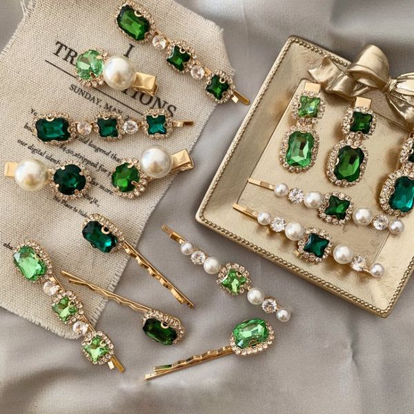 

retro green hair clip light luxury rhinestone pearl bangs clip female hair bangs clip one set with 3pcs fashion jewelry, Golden;silver