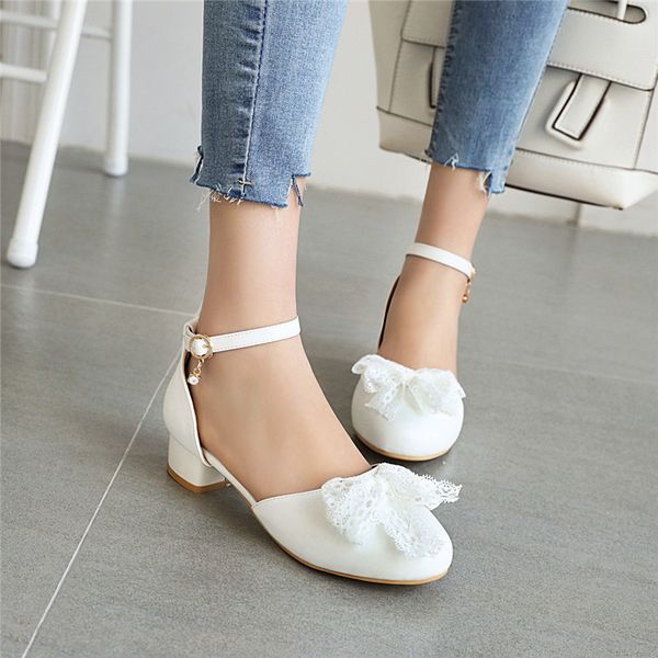 

yqbtdl summer white wedding bridal shoes chunky heels pink cute bowtie riband low heel pumps princess lolita party ladies shoes, Black