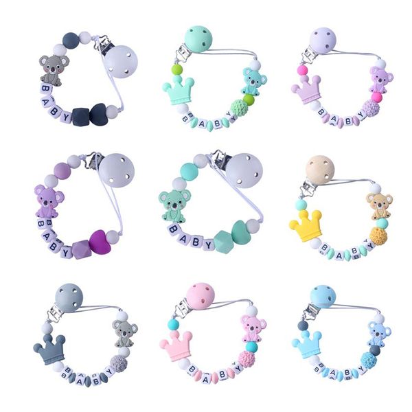 

baby teethers silicone personalised name baby pacifier clips crochet beads silicone crown pacifier chain holder shower gift