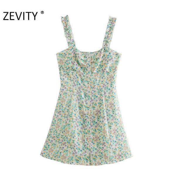 

zevity women v neck breasted printing casual slim sling mini dress female ruffles strap vestidos chic a line dresses ds4255, Black;gray