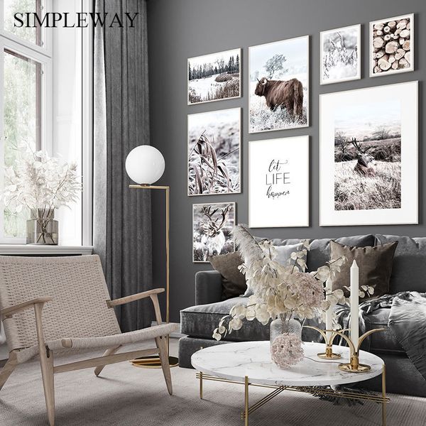 

природа пейзаж холст печать скандинавского плакат nordic style animal deer корова стена искусство картина изображение современного домашнее