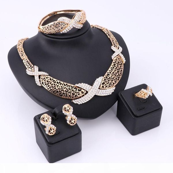 

new hollow luxury jewelry sets for women zinc alloy necklaces lady bracelets rings stud earrings gold plated vintage accessories, Slivery;golden