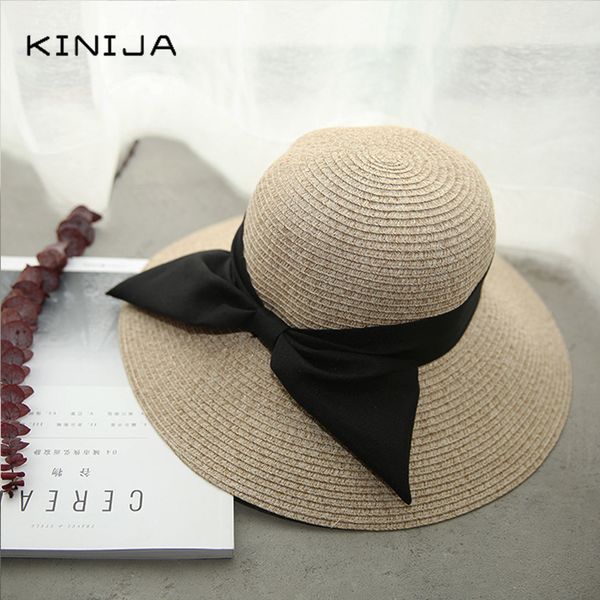 

lady new bowknot straw hat summer sunscreen leisure cap wide brim students fresh raffia shading sun fisherman cap foldable, Blue;gray