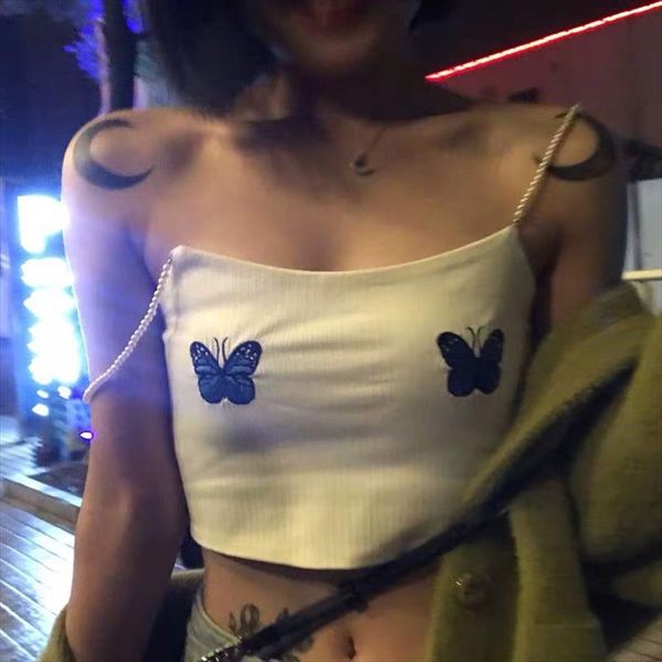 

summer butterfly embroidery pearl sleeve white short crop women streetwear beach sleeveless tank