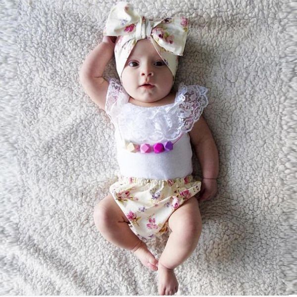 

three-piece girls lace ruffle panties briefs floral pant set fashionable baby suit pgraphy august 11, White
