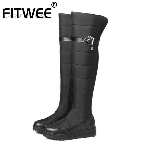 

fitwee 2020 winter thigh high boots women real leather and down shoes women keep warm plush fur flats snow boots size 35-44, Black