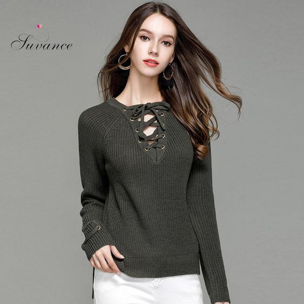 

suvance autumn casual knitted patchwork v neck solid color long sleeve size s-2xl women fashion pullover sweater jl-yh135, White;black