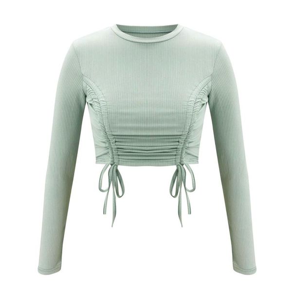 

women's rib knit crop long sleeve ruched self tie front drawstring slim fit tee shirt, Gray;blue