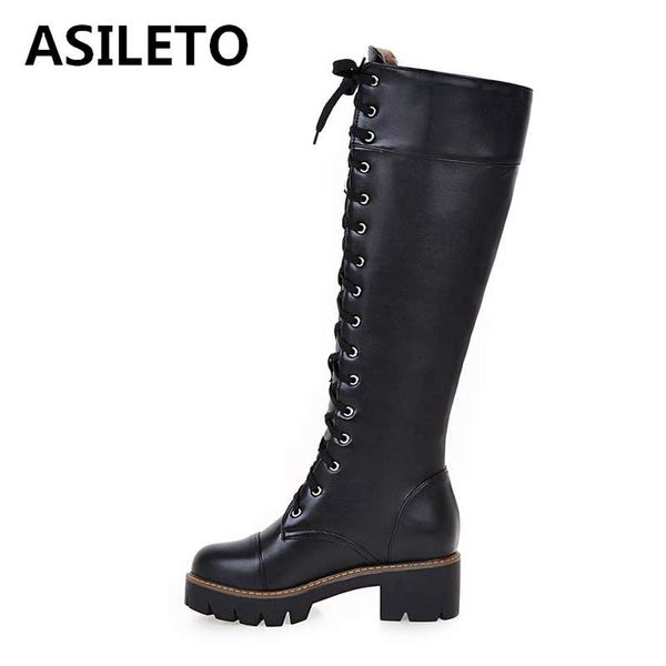 

asileto womens knee high boots for autumn winter lace up wedge heels platform shoes woman western cowboy booties bottes mujer, Black
