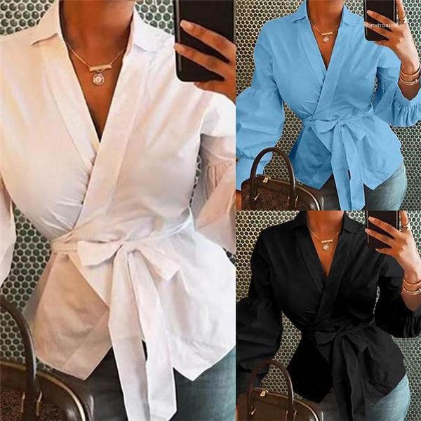 

fashion solid color bow blouses women patchwork ol shirt womens lantern sleeve v-neck shirts woman, White