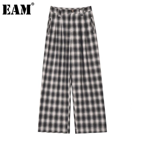 

eam] high waist plaid printed pleated long wide leg trousers new loose fit pants women fashion tide spring autumn 2020 1z005, Black;white